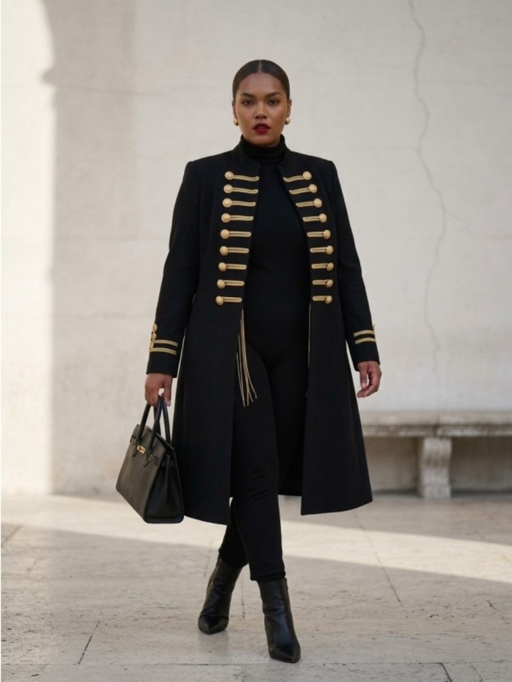Black Military-Style Long Coat with Gold Buttons